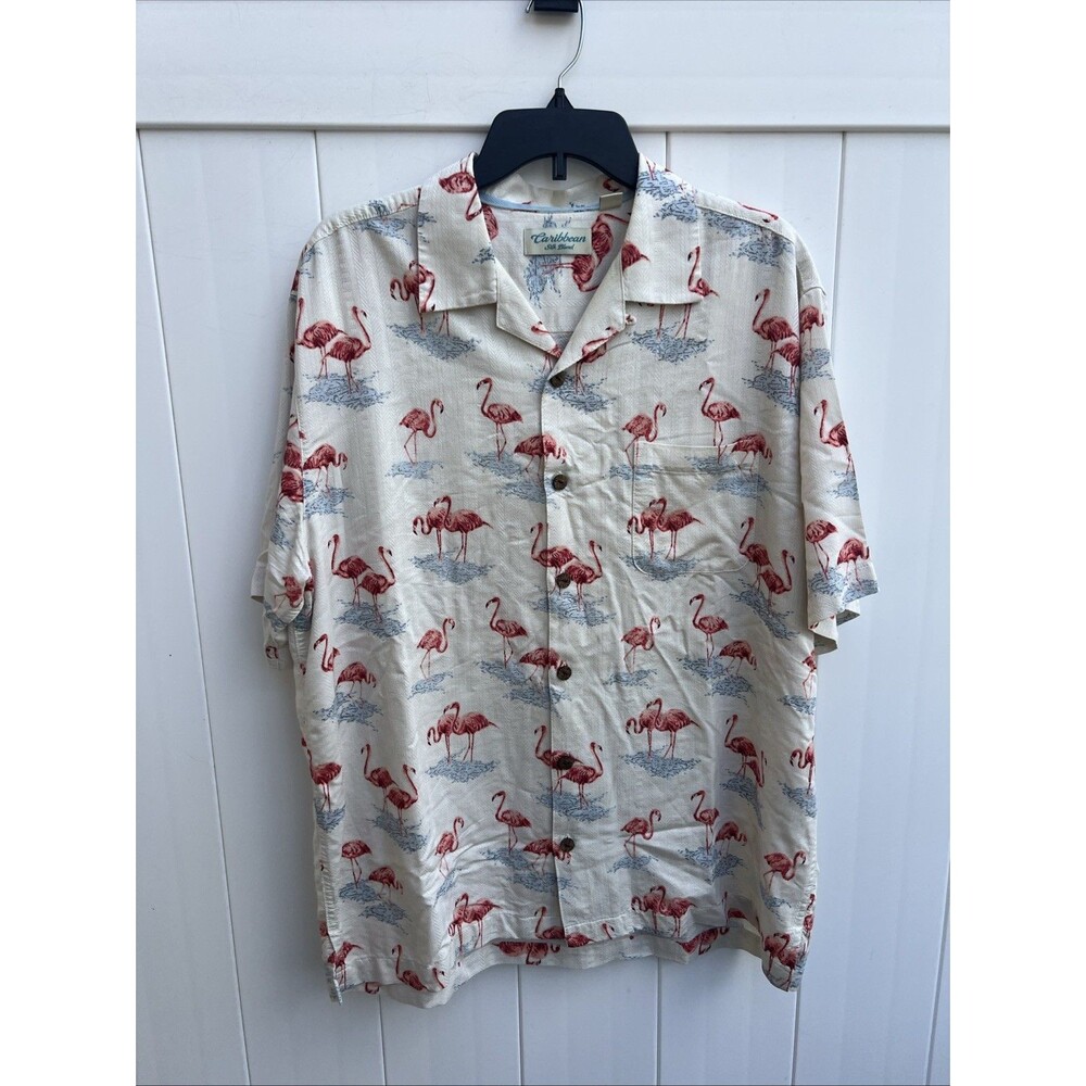 Caribbean Silk Blend Mens Large Flamingo Hawaiian Shirt Short Sleeve